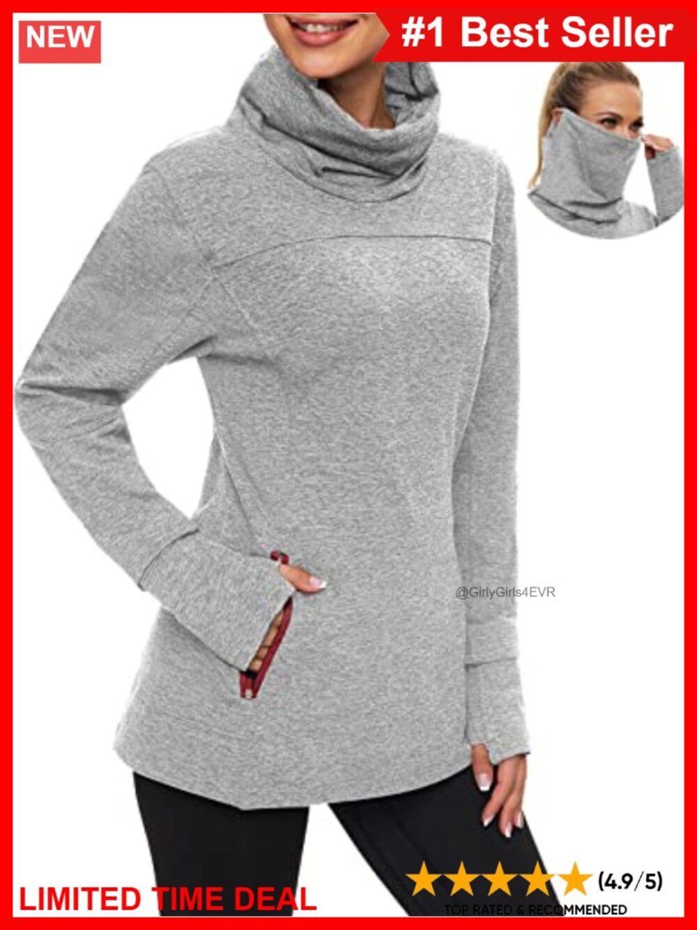 Fleece Running Pullover Sweatshirt Cowl Neck Thumb Holes Neck Gaiter
